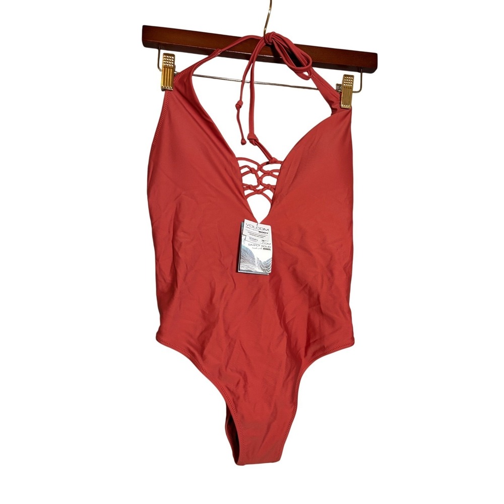 NWT Volcom Small Simply Solid One Piece Swimsuit Halter Lace Up Beach Coastal